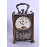 AN ANTIQUE SILVER PLATED CARRIAGE CLOCK decorated with art nouveau figures. 10.25 cm high.