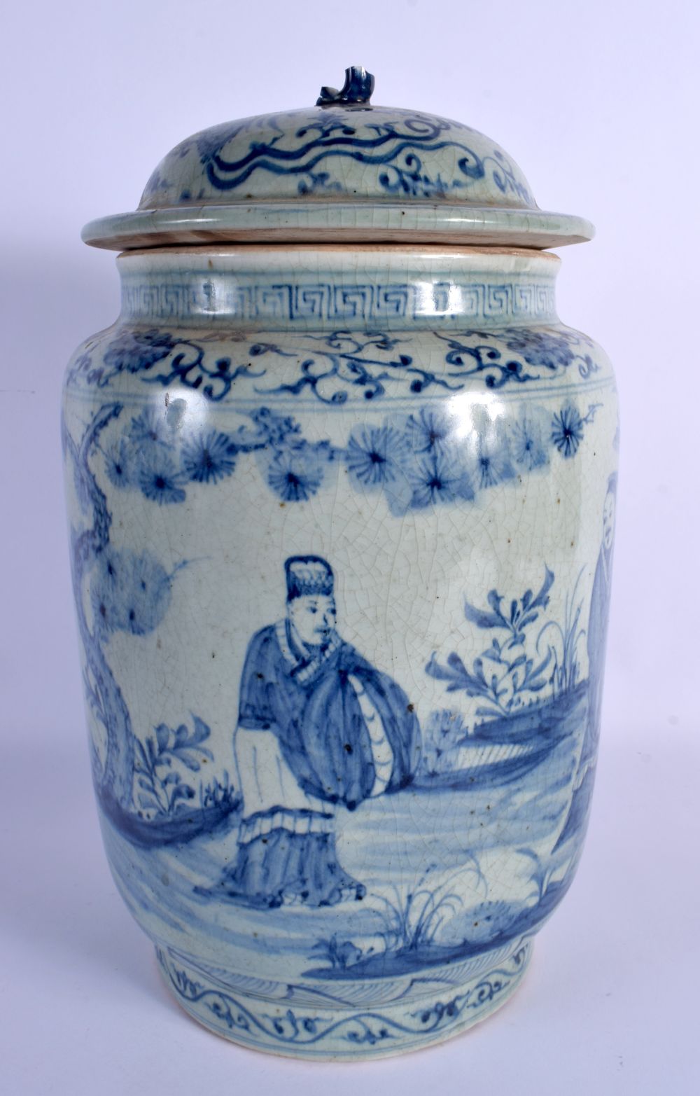 A LARGE CHINESE BLUE AND WHITE VASE AND COVER 20th Century, painted with scholars within landscapes. - Image 3 of 5