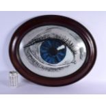 A VINTAGE REVERSE PAINTED GLASS PANEL OF AN EYE. 62 cm x 52 cm.