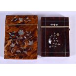 TWO REGENCY MOTHER OF PEARL INLAID TORTOISESHELL CARD CASES decorated with foliage. Largest 10 cm x