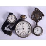 2 SILVER POCKET WATCHES, WATCH CHAIN FOB & TRENCH WATCH. Large watch hallmarked Chester 1933, Small