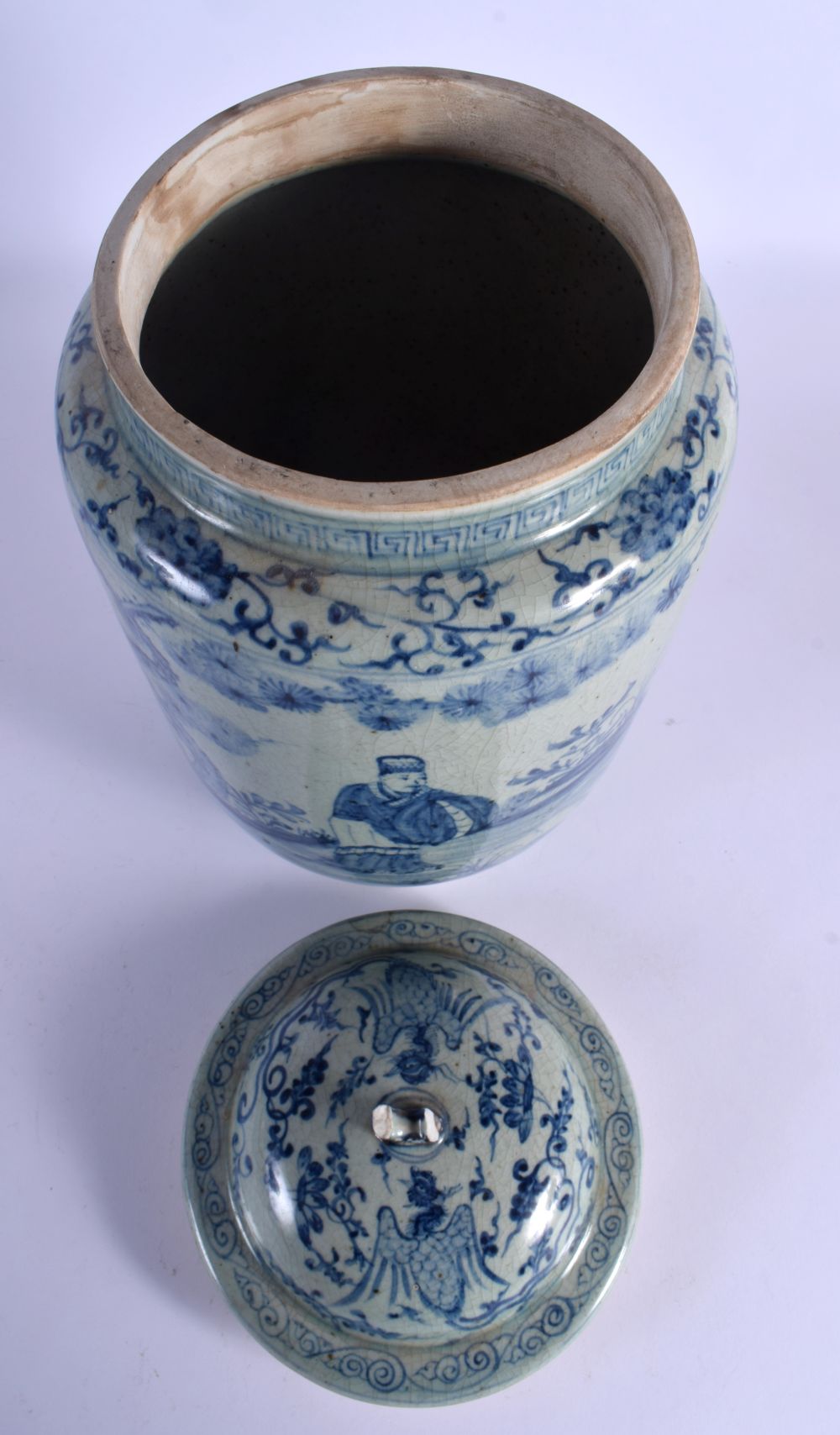 A LARGE CHINESE BLUE AND WHITE VASE AND COVER 20th Century, painted with scholars within landscapes. - Image 4 of 5