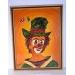 A framed acrylic on board of a clown with indistinct signature 62 x 46.5 cm ,