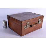 AN ANTIQUE LEATHER CASED TRAVELLING SILVER VANITY CASE with fitted interior. 42 cm x 32 cm x 22 cm.