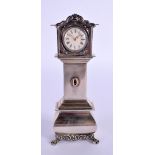 A SILVER MODEL OF A DUTCH STYLE GRANDFATHER CLOCK. Stamped Holland, 12.1cm x 4.1cm x 2.3cm, weight