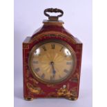 A GEORGE III STYLE COUNTRY HOUSE RED LACQUER MANTEL CLOCK decorated with figures. 21 cm x 11 cm inc