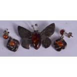 SILVER AMBER BUTTERFLY BROOCH & EARRINGS. BROOCH 41cm X 2.8cm, total weight 12.5g