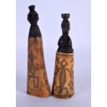 A RARE PAIR OF 19TH CENTURY TRIBAL BONE AND CARVED WOOD JARS decorated with reptiles. 13 cm high.