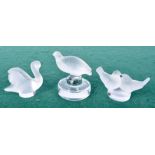 THREE LALIQUE GLASS BIRDS. Largest 6.4cm x 5.7cm x 4.8cm, (3)