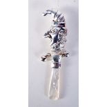 A SILVER BABIES RATTLE IN THE FORM OF MR PUNCH. Stamped Sterling, 9.5cm x 2.5cm x 1.5cm, weight 12.