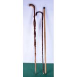 A Silver handled wooden walking cane together with a cane with a silver collar and another carved in