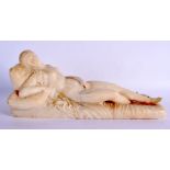 A 19TH CENTURY ITALIAN CARVED ALABASTER FIGURE OF A RECLINING FEMALE probably After Canova. 30 cm x