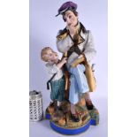A LARGE 19TH CENTURY FRENCH PARIS PORCELAIN FIGURE modelled as a pensive male and child. 44 cm x 15