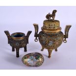 THREE EARLY 20TH CENTURY CHINESE CLOISONNE ENAMEL WARES. Largest 15 cm x 10 cm. (3)
