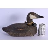 A LARGE ANTIQUE PAINTED CARVED FOLK ART WOOD DUCK DECOY with red eyes. 34 cm x 22 cm.