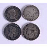 FOUR SPANISH COINS DATING FROM 1852 TO 1885, 3.7CM DIAMETER, TOTAL WEIGHT 83.3G