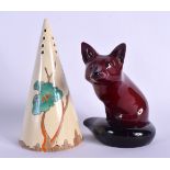 AN ART DECO CLARICE CLIFF SUGAR SIFTER together with a Doulton flambe glazed fox. Largest 14.5 cm hi