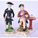 A 19TH CENTURY DERBY STEVENS AND HANCOCK FIGURE OF PEG LEG together with another figure wearing a tr