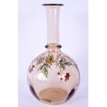 AN ARTS AND CRAFTS ENAMELLED SMOKEY GLASS DECANTER. 22 cm high.