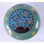 A FINE 19TH CHINESE CLOISONNE ENAMEL BOX AND COVER decorated with birds. 8.5 cm diameter.