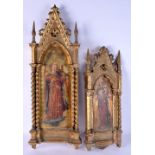 A PAIR OF 19TH CENTURY CONTINENTAL GOTHIC REVIVAL PAINTED ICON PANELS set within barley twist column