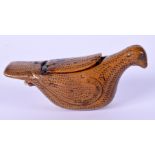AN 18/19TH CENTURY EUROPEAN CARVED FRUITWOOD TREEN SNUFF BOX in the form of a bird. 9.5 cm x 5 cm.