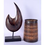 A STYLISH CARVED WOOD ABSTRACT SCULPTURE and a coopered barrel. Largest 38 cm high. (2)