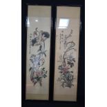 Chinese School (C1910) Pair, Watercolours, Flowers. 128 cm x 32 cm.