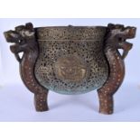 A RARE LARGE 19TH CENTURY INDIAN TIBETAN BRASS CENSER formed upon stylised dragon legs. 37 cm x 42 c