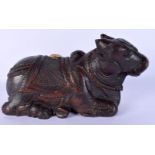 A LOVELY LARGE 18TH/19TH CENTURY INDIAN CARVED WOOD FIGURE OF A SACRED COW modelled recumbant with b
