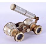 A PAIR OF ANTIQUE MAPPIN & WEBB OPERA GLASSES with extending handle. 24 cm wide with handle extended