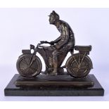 A RARE EARLY 20TH CENTURY EUROPEAN BRONZE FIGURE OF A MALE modelled riding a vintage motorbike. 24 c