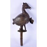 A 17TH/18TH CENTURY INDIAN BRONZE FINIAL in the form of a standing bird. 19 cm x 8 cm.