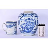 AN 18TH CENTURY CHINESE EXPORT BLUE AND WHITE MUG Qianlong, together with a blue and white jar. Larg