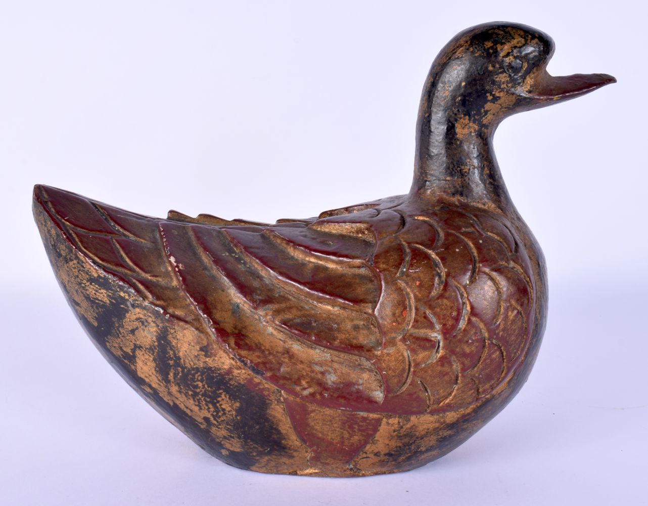 A RARE CHINESE QING DYNASTY LACQUERED WOOD FIGURE OF A DUCK of naturalistic form. 20 cm x 18 cm. - Image 2 of 13