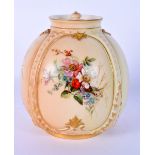 A ROYAL WORCESTER BLUSH IVORY POT POURRI AND COVER painted with flowers. 12 cm x 9 cm.