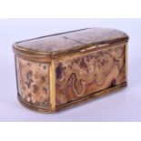 A LOVELY 18TH CENTURY EUROPEAN CARVED AGATE SNUFF BOX with yellow metal mounts. 8 cm x 4 cm.