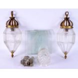 A PAIR OF ANTIQUE GLASS LANTERNS together with a cut glass shade. Largest 30 cm x 10 cm. (3)