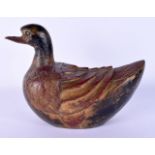 A RARE CHINESE QING DYNASTY LACQUERED WOOD FIGURE OF A DUCK of naturalistic form. 20 cm x 18 cm.