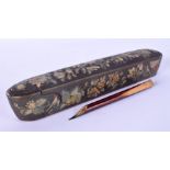 A 19TH CENTURY PERSIAN LACQUERED SLIDING PEN BOX painted with flowers. 24 cm long.