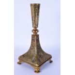 AN 18TH/19TH CENTURY PERSIAN IRANIAN BRONZE CANDLESTICKS decorated with figures and foliage. 22 cm h