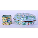 A 19TH CENTURY CHINESE CANTON ENAMEL BOX AND COVER together with a napkin ring. Largest 9.5 cm x 7.5