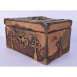 A RARE 17TH/18TH CENTURY SILK OVERLAID BRONZE STRONG BOX with strap work overlay. 23 cm x 17 cm x 13