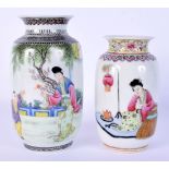 TWO CHINESE REPUBLICAN PERIOD FAMILLE ROSE VASES painted with figures. Largest 15 cm high. (2)