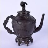 A RARE 19TH CENTURY JAPANESE MEIJI PERIOD BRONZE TEAPOT AND COVER overlaid with birds. 18 cm x 14 cm