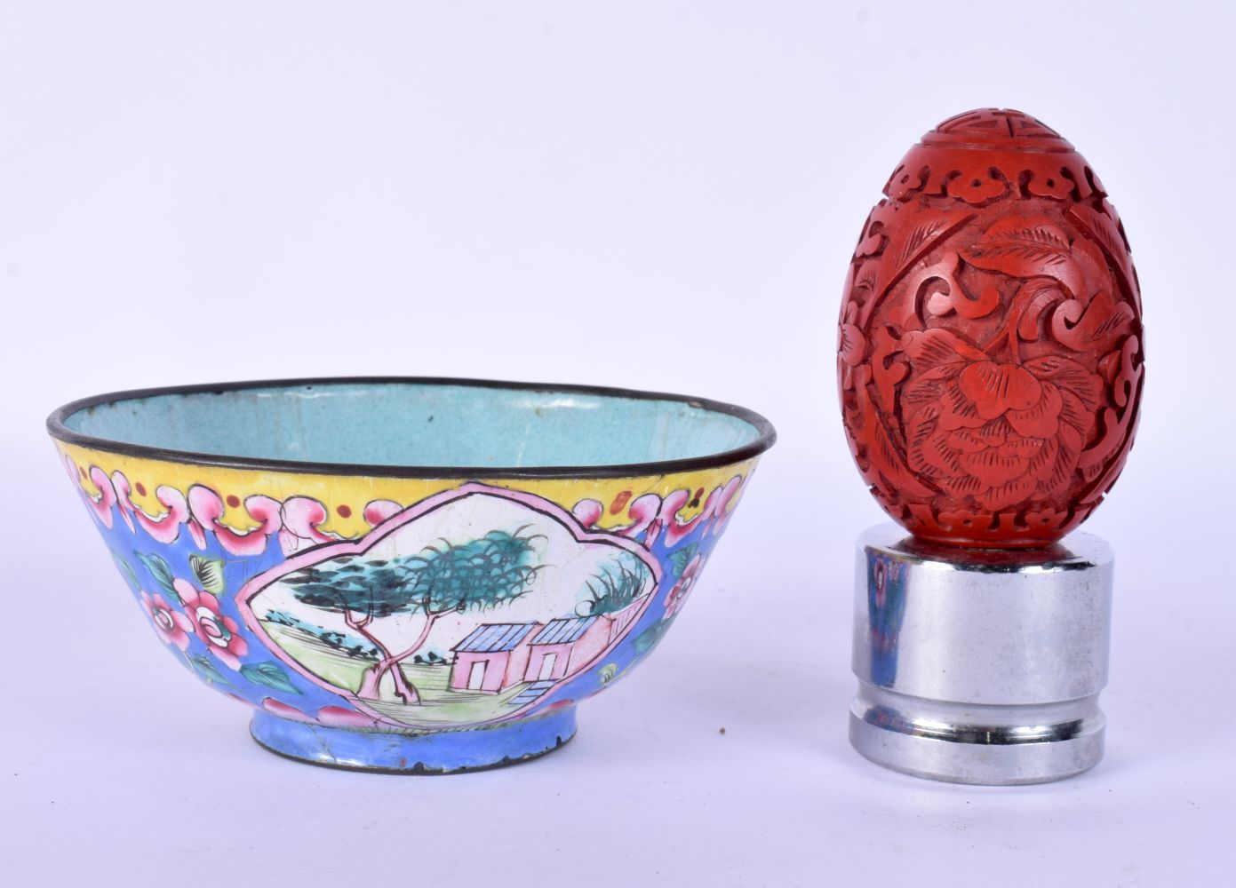 A 19TH CENTURY CHINESE CANTON ENAMEL TEABOWL together with a Cinnabar lacquer egg. Largest 8 cm diam