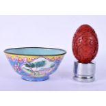 A 19TH CENTURY CHINESE CANTON ENAMEL TEABOWL together with a Cinnabar lacquer egg. Largest 8 cm diam