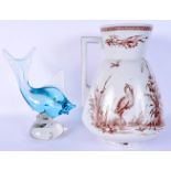 A RARE LARGE AESTHETIC MOVEMENT DAVENPORT JUG together with an Italian glass fish. Largest 30 cm x 1