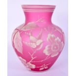 A THOMAS WEBB STYLE PINK OPALAINE GLASS VASE decorated with flowers. 18 cm x 11 cm.