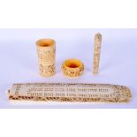 A 19TH CENTURY CHINESE IVORY CRIBBAGE BOARD together with dice shaker etc. Largest 24 cm long. (4)